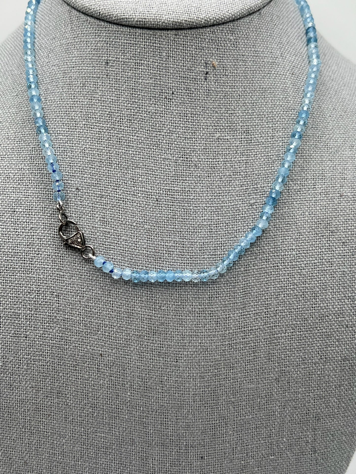 Tiny Aquamarine Beaded Necklace with Silver Diamond Clasp
