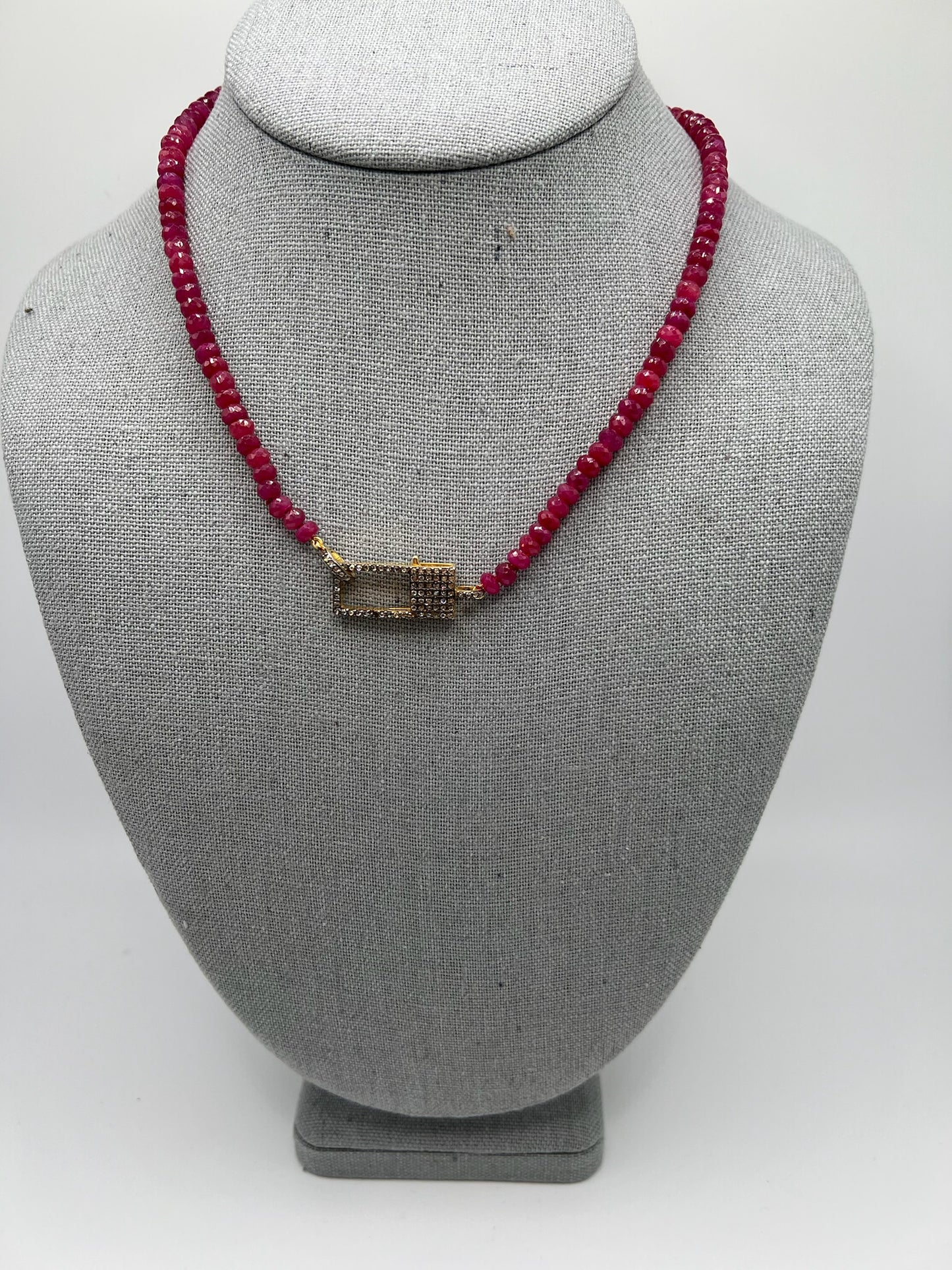 Ruby Semi-Precious Beaded Necklace with Rectangle Diamond Clasp