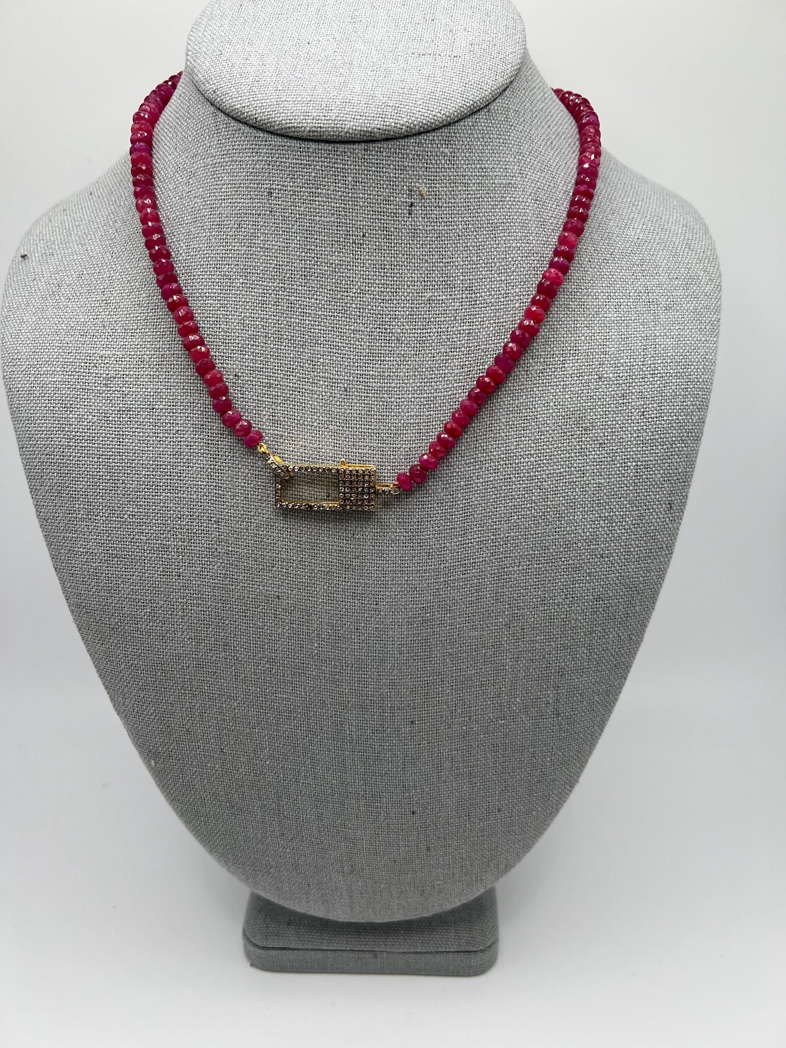Ruby Semi-Precious Beaded Necklace with Rectangle Diamond Clasp