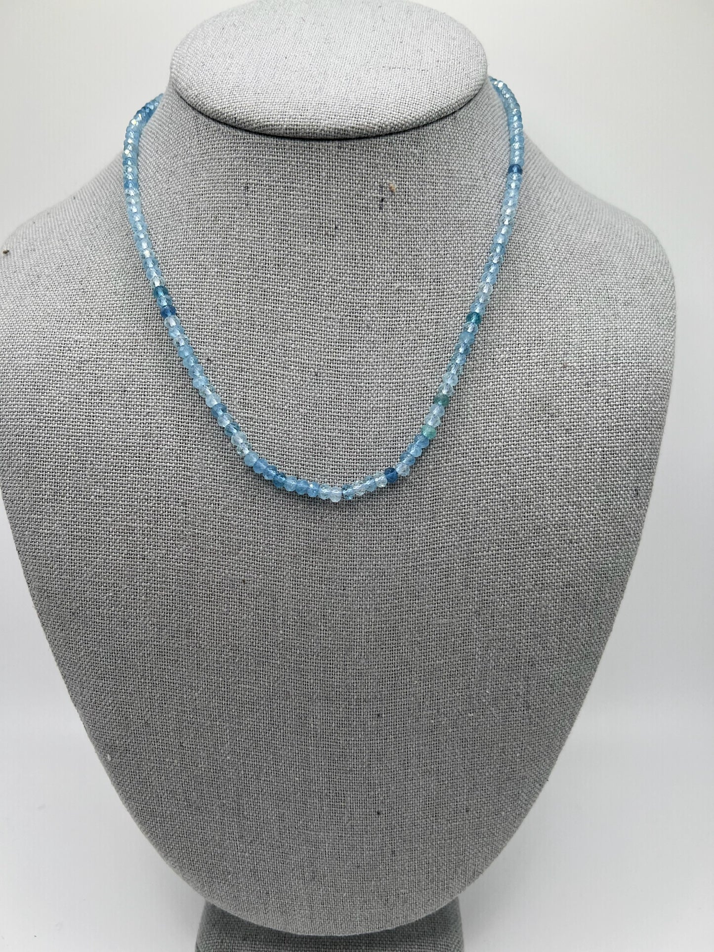 Tiny Aquamarine Beaded Necklace with Silver Diamond Clasp