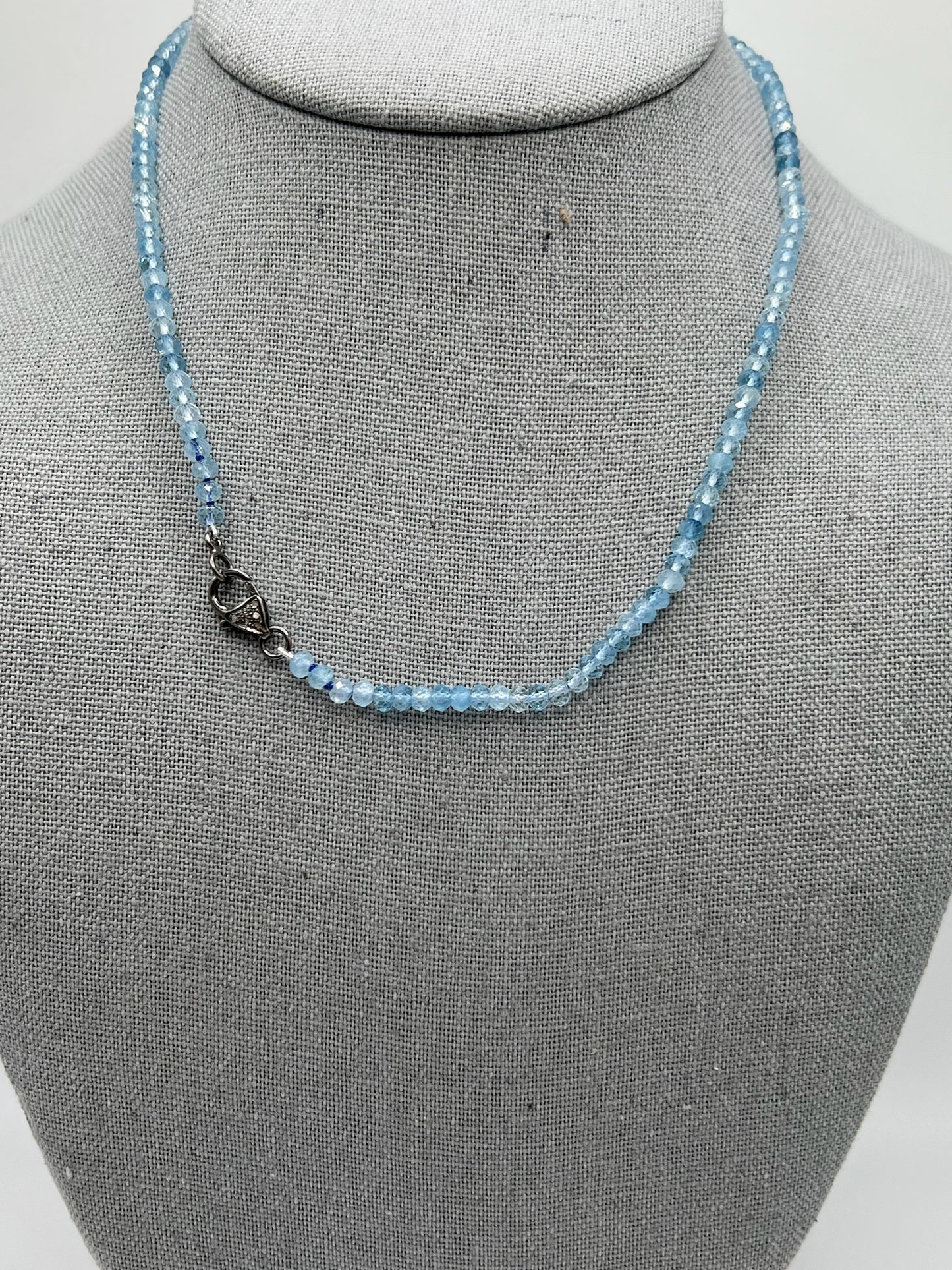 Tiny Aquamarine Beaded Necklace with Silver Diamond Clasp